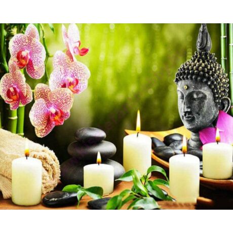 Buddha és orchidea- Gyémántszemes kirakó - 45x55cm - Kerek köves