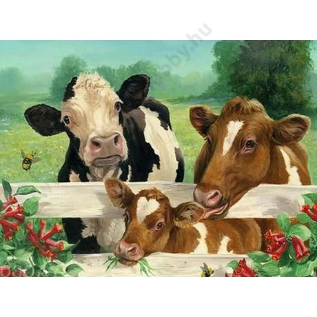 Szarvasmarhák  bocival - gyémántszemes kirakó 45x35 cm