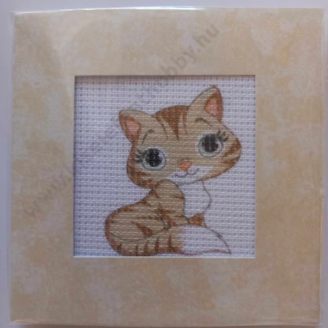 Gobelin cérnával és papírkerettel 6,5 x 6,5 cm, cica