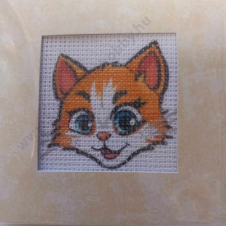 Gobelin cérnával és papírkerettel 6,5 x 6,5 cm, cicusfej